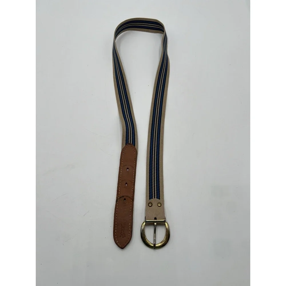 Vintage Fox Logo‎ Stretch Web Belt Blue Tan Striped Brass Buckle Unisex 36